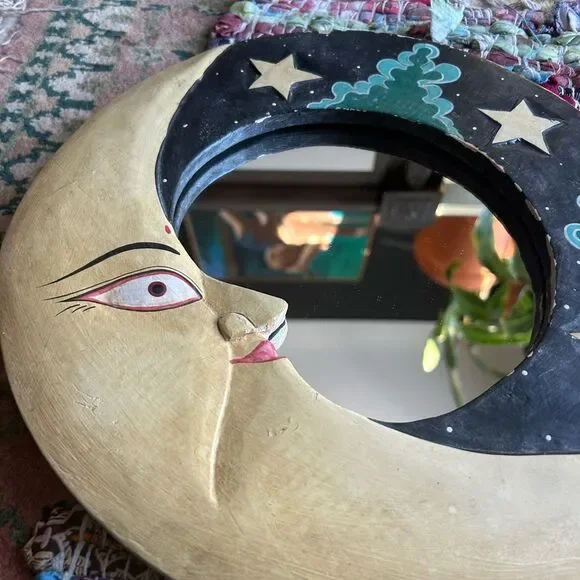 Vintage 90s 11.5" Handcarved Celestial Moon Stars Wall Mirror Indonesia Whimsy - Picture 9 of 16